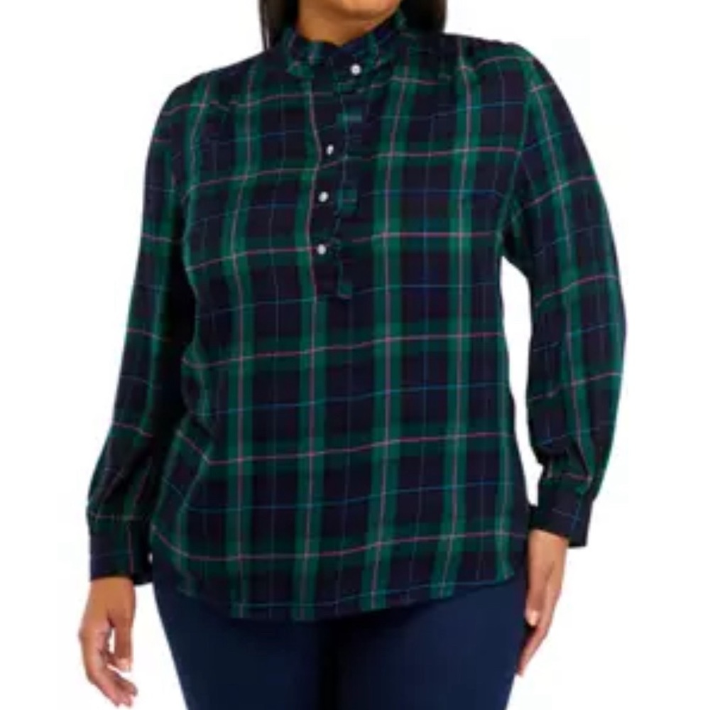 crown & ivy Plaid Long Sleeve Top - Navy and Green